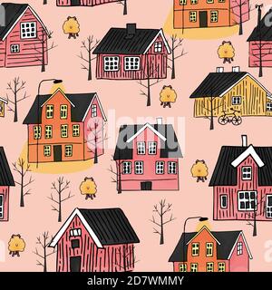 Gelb und rosa skandinavische Holzhäuser mit Licht auf der Straße und Bäume ohne Blätter nahtlose Wiederholung Muster Stock Vektor