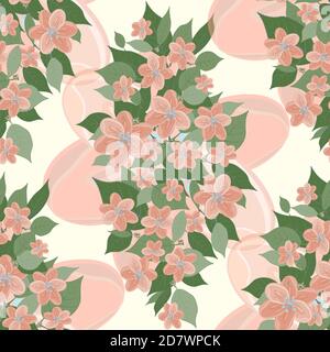 Blühender Zweig mit Blättern nahtloses Muster. Zarte orange Farbe und weichen Hintergrund. Viele von Hand gezeichnete Blumen Stockfoto