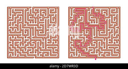 Vector 3D / Isometric Easy Square Maze - Labyrinth mit im Lieferumfang enthaltener Lösung. Funny & Educational Mind Spiel für Koordination, Probleme lösen, Entscheidung Stock Vektor