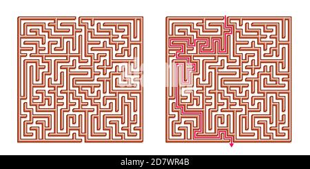 Vector 3D / Isometric Easy Square Maze - Labyrinth mit im Lieferumfang enthaltener Lösung. Funny & Educational Mind Spiel für Koordination, Probleme lösen, Entscheidung Stock Vektor