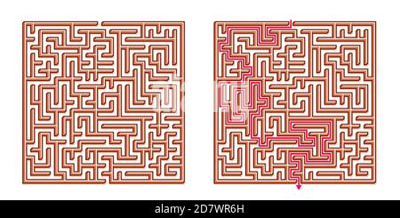Vector 3D / Isometric Easy Square Maze - Labyrinth mit im Lieferumfang enthaltener Lösung. Funny & Educational Mind Spiel für Koordination, Probleme lösen, Entscheidung Stock Vektor