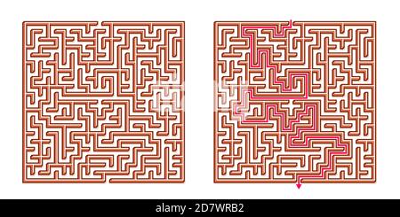 Vector 3D / Isometric Easy Square Maze - Labyrinth mit im Lieferumfang enthaltener Lösung. Funny & Educational Mind Spiel für Koordination, Probleme lösen, Entscheidung Stock Vektor