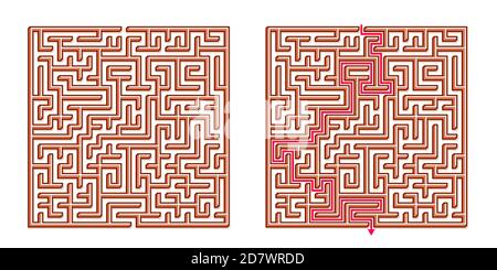 Vector 3D / Isometric Easy Square Maze - Labyrinth mit im Lieferumfang enthaltener Lösung. Funny & Educational Mind Spiel für Koordination, Probleme lösen, Entscheidung Stock Vektor