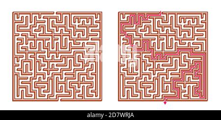 Vector 3D / Isometric Easy Square Maze - Labyrinth mit im Lieferumfang enthaltener Lösung. Funny & Educational Mind Spiel für Koordination, Probleme lösen, Entscheidung Stock Vektor