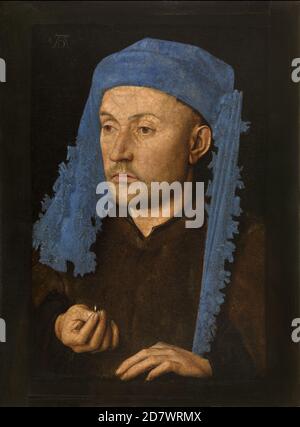 Titel: Porträt eines Mannes mit blauem Chaperon Ersteller: Jan van Eyck Datum: 1429 Medium: Öl auf Holz Maße: 22 x 17 cm Ort: Brukenthal Nationalmuseum Stockfoto