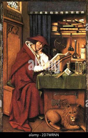 Titel: Heiliger Hieronymus in seiner Studie Ersteller: Jan van Eyck Datum: 1442 Medium: Öl auf Tafel Maße: 83.7 x 57 cm Ort: National Gallery, London, Stockfoto