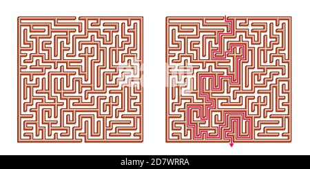 Vector 3D / Isometric Easy Square Maze - Labyrinth mit im Lieferumfang enthaltener Lösung. Funny & Educational Mind Spiel für Koordination, Probleme lösen, Entscheidung Stock Vektor
