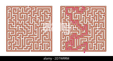 Vector 3D / Isometric Easy Square Maze - Labyrinth mit im Lieferumfang enthaltener Lösung. Funny & Educational Mind Spiel für Koordination, Probleme lösen, Entscheidung Stock Vektor