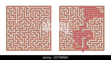 Vector 3D / Isometric Easy Square Maze - Labyrinth mit im Lieferumfang enthaltener Lösung. Funny & Educational Mind Spiel für Koordination, Probleme lösen, Entscheidung Stock Vektor
