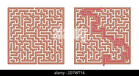 Vector 3D / Isometric Easy Square Maze - Labyrinth mit im Lieferumfang enthaltener Lösung. Funny & Educational Mind Spiel für Koordination, Probleme lösen, Entscheidung Stock Vektor