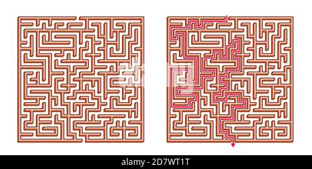 Vector 3D / Isometric Easy Square Maze - Labyrinth mit im Lieferumfang enthaltener Lösung. Funny & Educational Mind Spiel für Koordination, Probleme lösen, Entscheidung Stock Vektor