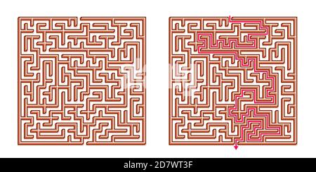 Vector 3D / Isometric Easy Square Maze - Labyrinth mit im Lieferumfang enthaltener Lösung. Funny & Educational Mind Spiel für Koordination, Probleme lösen, Entscheidung Stock Vektor