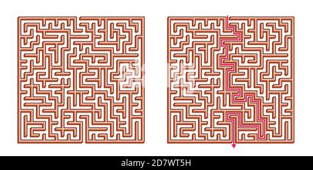 Vector 3D / Isometric Easy Square Maze - Labyrinth mit im Lieferumfang enthaltener Lösung. Funny & Educational Mind Spiel für Koordination, Probleme lösen, Entscheidung Stock Vektor