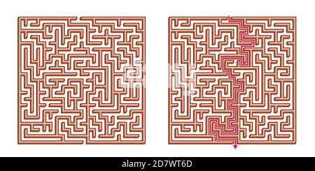 Vector 3D / Isometric Easy Square Maze - Labyrinth mit im Lieferumfang enthaltener Lösung. Funny & Educational Mind Spiel für Koordination, Probleme lösen, Entscheidung Stock Vektor