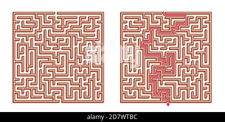 Vector 3D / Isometric Easy Square Maze - Labyrinth mit im Lieferumfang enthaltener Lösung. Funny & Educational Mind Spiel für Koordination, Probleme lösen, Entscheidung Stock Vektor