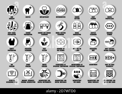 Vector ISO, FDA Satz von Zahnpflege-Symbole, zahnärztliche Behandlung Symbole, Zahnarzt und Kieferorthopäden Klinik Piktogramme, medizinische Geräte-Paket für die Zahnmedizin eq Stock Vektor