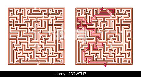 Vector 3D / Isometric Easy Square Maze - Labyrinth mit im Lieferumfang enthaltener Lösung. Funny & Educational Mind Spiel für Koordination, Probleme lösen, Entscheidung Stock Vektor