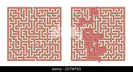 Vector 3D / Isometric Easy Square Maze - Labyrinth mit im Lieferumfang enthaltener Lösung. Funny & Educational Mind Spiel für Koordination, Probleme lösen, Entscheidung Stock Vektor