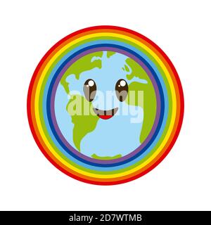Netter Planet Erde mit Regenbogen. Stockfoto