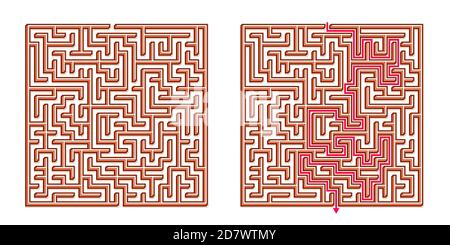 Vector 3D / Isometric Easy Square Maze - Labyrinth mit im Lieferumfang enthaltener Lösung. Funny & Educational Mind Spiel für Koordination, Probleme lösen, Entscheidung Stock Vektor