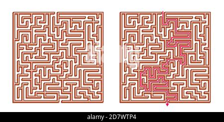 Vector 3D / Isometric Easy Square Maze - Labyrinth mit im Lieferumfang enthaltener Lösung. Funny & Educational Mind Spiel für Koordination, Probleme lösen, Entscheidung Stock Vektor