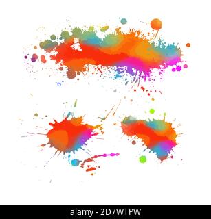 Mehrfarbige Farbflecken auf weißem Hintergrund einstellen. Grunge Rahmen der Farbe. Gemischte Medien. Vektorgrafik. Stock Vektor