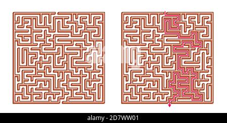 Vector 3D / Isometric Easy Square Maze - Labyrinth mit im Lieferumfang enthaltener Lösung. Funny & Educational Mind Spiel für Koordination, Probleme lösen, Entscheidung Stock Vektor