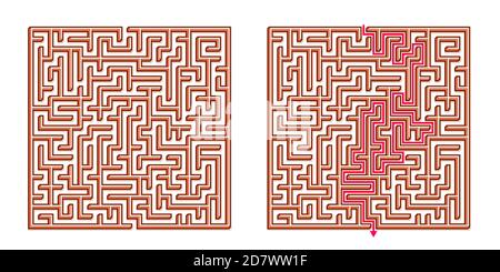 Vector 3D / Isometric Easy Square Maze - Labyrinth mit im Lieferumfang enthaltener Lösung. Funny & Educational Mind Spiel für Koordination, Probleme lösen, Entscheidung Stock Vektor