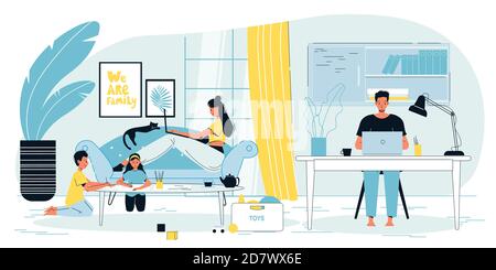 Gemütliches Zuhause Arbeitsplatz Freiberufler Familie Kinder Stock Vektor