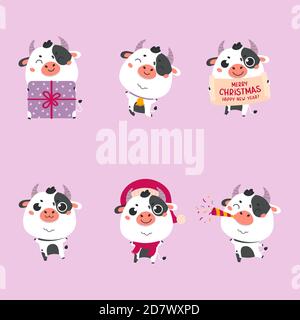 Set von niedlichen Cartoon Ochse und Kühe.Frohes neues Jahr Stock Vektor