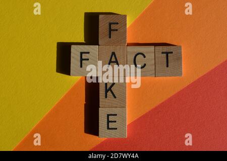Fakt, Fake, Wörter in Holzalphabet Buchstaben in Kreuzworträtsel Form isoliert auf bunten Hintergrund Stockfoto