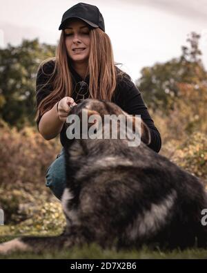 Vertikale Aufnahme einer Frau, die einen schockierten Ausdruck macht, als sie versucht, den Stock aus dem Mund des Hundes zu ziehen. Spielen Sie ein Spiel von fetch und der Hund gewann Stockfoto