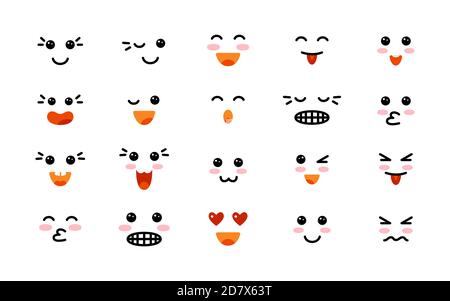 Kawaii niedlichen Lächeln Emoticons, Cartoon Gesichter gesetzt. Expression Faces, japanischer Anime-Stil. Anime Charakter Manga Stil Augen und Münder. Vektorgrafik Stock Vektor