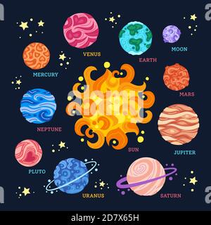 Planeten um die Sonne im Weltraum. Cartoon bunte Sonnensystem in dunklem Hintergrund. Astronomisches Observatorium. Sonne Mond Merkur venus Erde mars jupiter saturn neptun. Astronomie-Galaxie. Vektorgrafik Stock Vektor