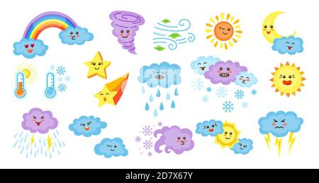 Wetter Zeichentrickfiguren eingestellt. Cute kawaii Stil Emoticons Sonne und Wolken, Regen oder Schnee, Blitz, Mond, Stern, Regenbogen. Symbole prognostizieren das Wetter. Meteorologische Zeichen mit Gesichtern. Vektorgrafik Stock Vektor