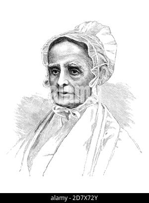 1870 c., USA: Die amerikanische Quäkerin, Abolitionistin, Frauenrechtlerin und Sozialreformerin LUCRETIA MOTT ( Geboren SARG, 1793 - 1880 ). Unbekannter Graveur .- USA - ritratto - Portrait - RIFORMISTA - RIFORMISMO SOCIALE - FEMMINISTA - FEMINISTIN - ABOLIZIONISMO - ABOLIZIONISTA - ANTI-SCHIAVISMO - anti schiavismo - ANTI-SCHIAVISTA - Cuffia - Hut - cappello - ältere Frau - Donna anziana vecchia -- Archivio GBB Stockfoto