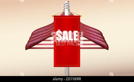 Verkauf, bester Preis. Rotes Banner auf Kleiderständer. Holzbügel auf dem Hintergrund. Vektor-3d-Illustration. Stock Vektor