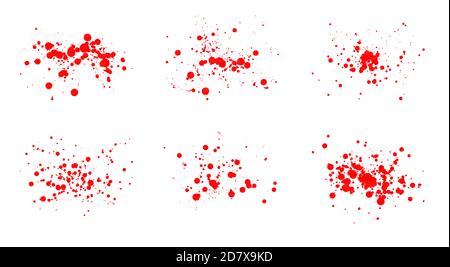 Abstrakter Satz roter Bluttropfen auf Weiß Stockfoto