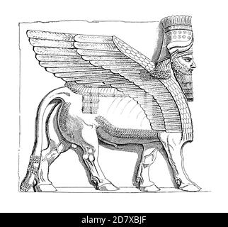 Antike Illustration aus dem 19. Jahrhundert mit Relieffigur aus Ninive, Assyrien. Gravur veröffentlicht in Systematischer Bilder Atlas - Bauwesen, Ikonog Stockfoto