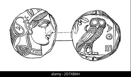 Illustration der antiken Münze aus dem 19. Jahrhundert, die Athena darstellt. Gravur veröffentlicht in Systematischer Bilder Atlas - Bauwesen, Ikonographische Encyklopaed Stockfoto