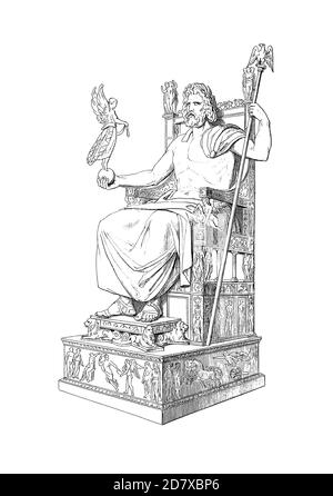 Antike Illustration aus dem 19. Jahrhundert, die Statue des Zeus in Olympia darstellt. Gravur veröffentlicht in Systematischer Bilder Atlas - Bauwesen, Ikonographische Stockfoto