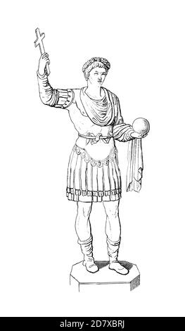 Antike Illustration Darstellung Statue von Konstantin dem Großen, römischen Kaiser von 306 bis 337, der zum Christentum konvertiert. Gravur veröffentlicht in S Stockfoto
