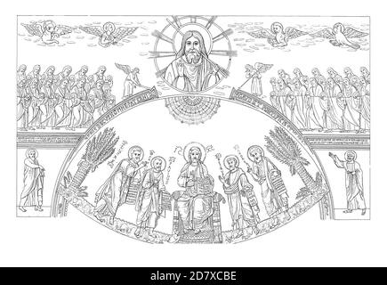 Stich aus dem 19. Jahrhundert mit einem Apsis-Mosaik aus der Basilika St. Paul in Rom, Italien. Illustration veröffentlicht in Systematischer Bilder Atlas - B Stockfoto