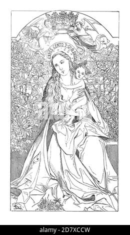 Antike Abbildung der Madonna des Rosenbusches (datiert 1473) von Martin Schongauer, deutscher Kupferstecher und Maler des 15. Jahrhunderts. Veröffentlichung der Gravur Stockfoto