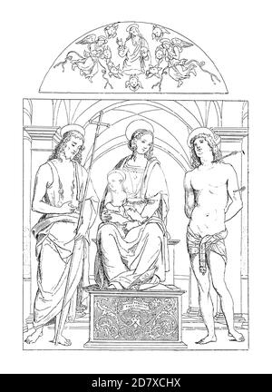 Stich aus dem 19. Jahrhundert mit Madonna mit Johannes dem Täufer und St. Sebastian, Gemälde von Pietro Perugino. Illustration veröffentlicht in systemati Stockfoto