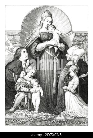 Antiker Stich aus dem 19. Jahrhundert mit der Darmstädter Madonna, Gemälde von Hans Holbein dem Jüngeren (Fertigstellung 1526). Illustration veröffentlicht in Systema Stockfoto