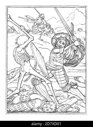 Antike Illustration mit Holzschnitt aus der Serie Tanz des Todes von Hans Holbein dem Jüngeren. Veröffentlicht in Systematischer Bilder-Atlas zum Conver Stockfoto