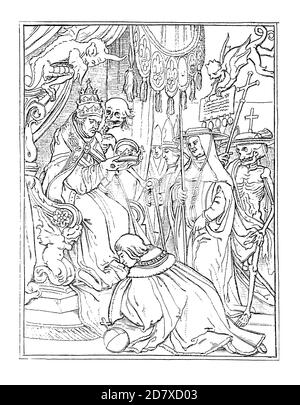 Illustration aus dem 19. Jahrhundert mit Holzschnitt aus der Serie Tanz des Todes von Hans Holbein dem Jüngeren. Veröffentlicht in Systematischer Bilder-Atlas zum C Stockfoto