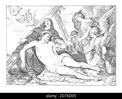 Antike Gravur der Kreuzabnahme, Gemälde von Anthony van Dyck. Illustration veröffentlicht in Systematischer Bilder Atlas - Bauwesen, Ikonog Stockfoto