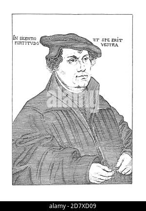 Antiker Kupferstich mit Martin-Luther-Porträt von Lucas Cranach dem Älteren (datiert 1533). Illustration veröffentlicht in Systematischer Bilder Atlas - Stockfoto